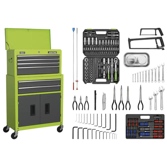 Sealey AP2200COMBOHV 6 Drawer Topchest & Rollcab Combination with Ball-Bearing Slides - Hi-Vis Green/Grey & 170pc Tool Kit