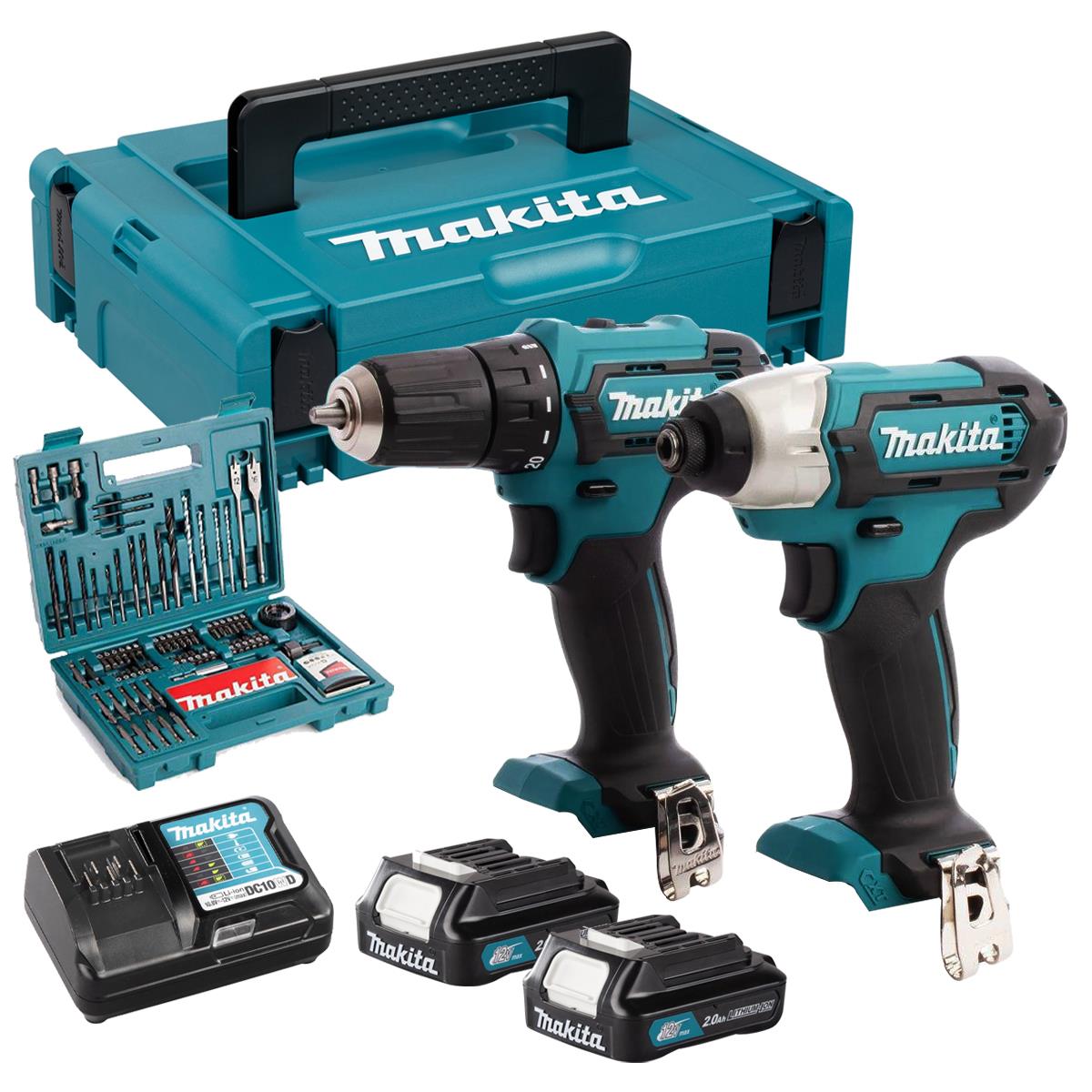 Makita CLX224AJ 12V Max CXT 2 Piece Cordless Kit With 2 x 2.0Ah Battery Charger & 100 Piece Accessory Set
