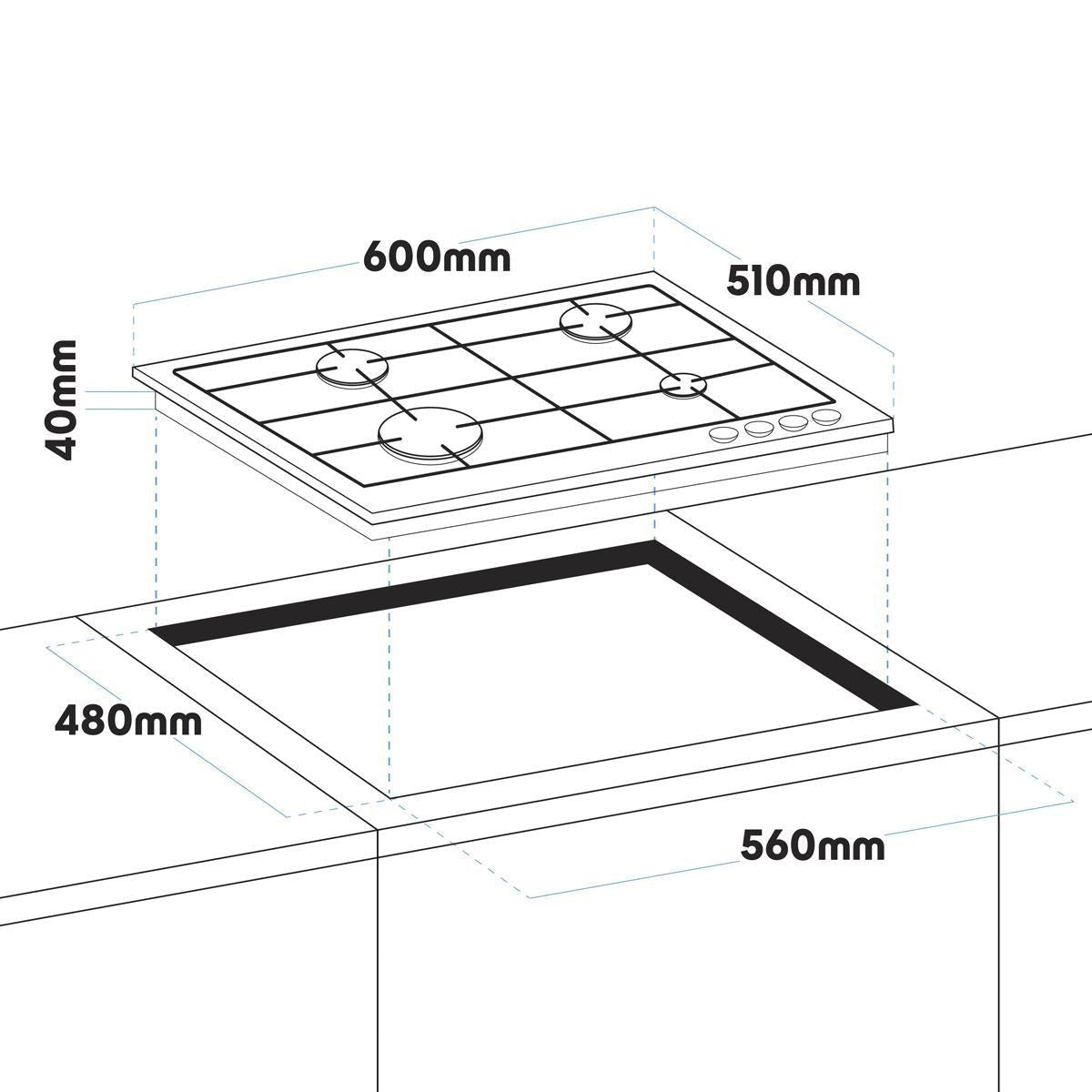 Sealey DH225 Baridi Gas Hob with 4 Cooking Zones 60cm Stainless Steel