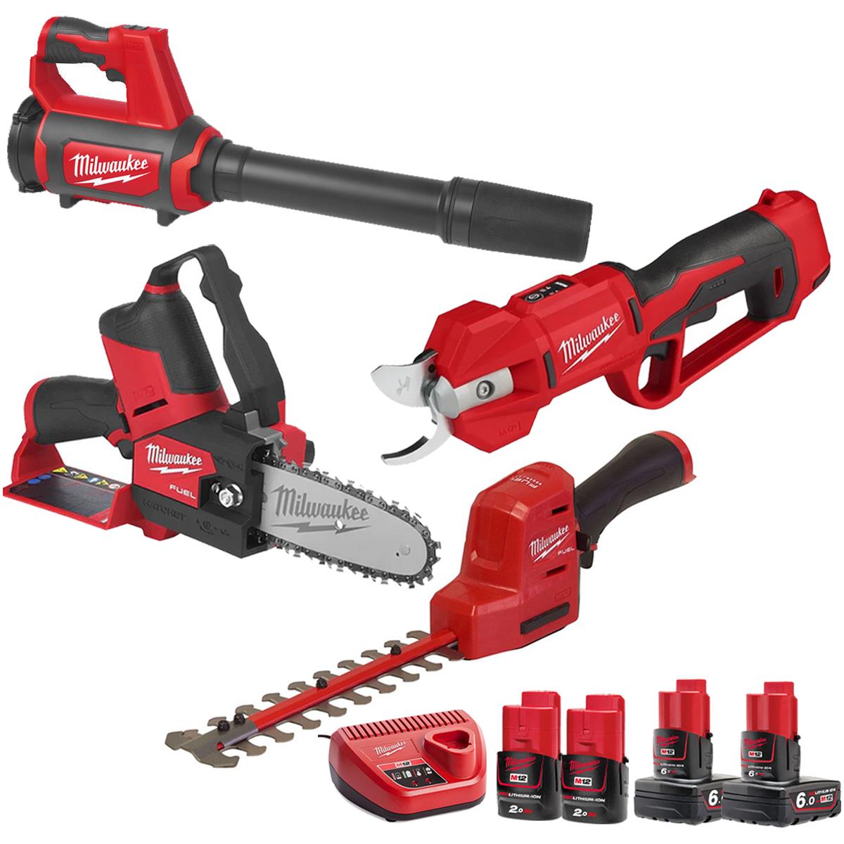 Milwaukee 12V 4 Piece Gardening Tool Kit with 4 x Batteries & Charger T4TKIT-29508