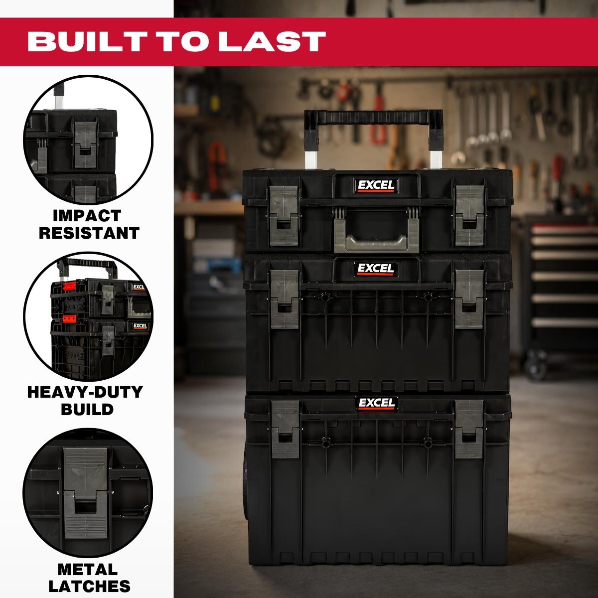 Excel Modular Stackable Tool Box Heavy Duty Mobile Storage 3 Piece Set with Wheels