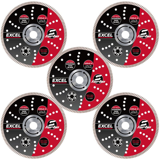 Excel 230mm Diamond Blade Slim Turbo Wet & Dry Use Pack of 5