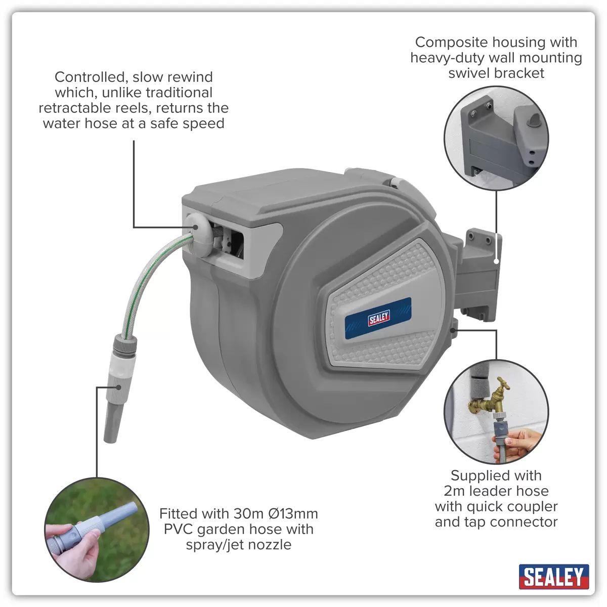 Sealey RWH30 30m Auto-Rewind Control Garden Hose Reel