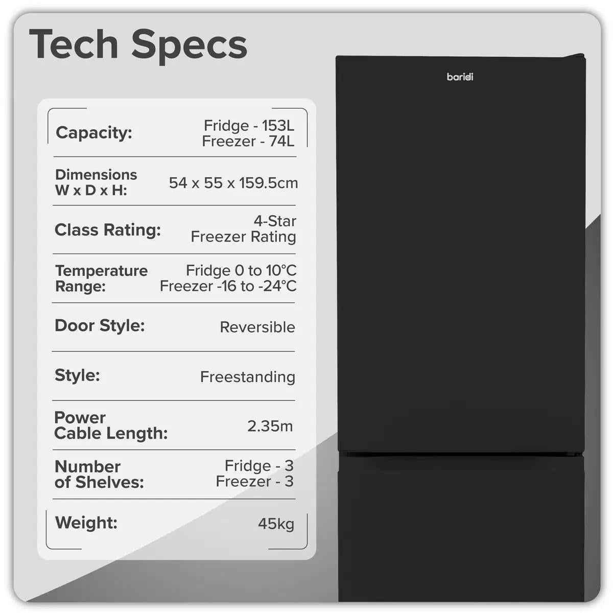 Sealey DH327 Baridi 60/40 Smart Frost Fridge Freezer 227L Capacity Black 230V