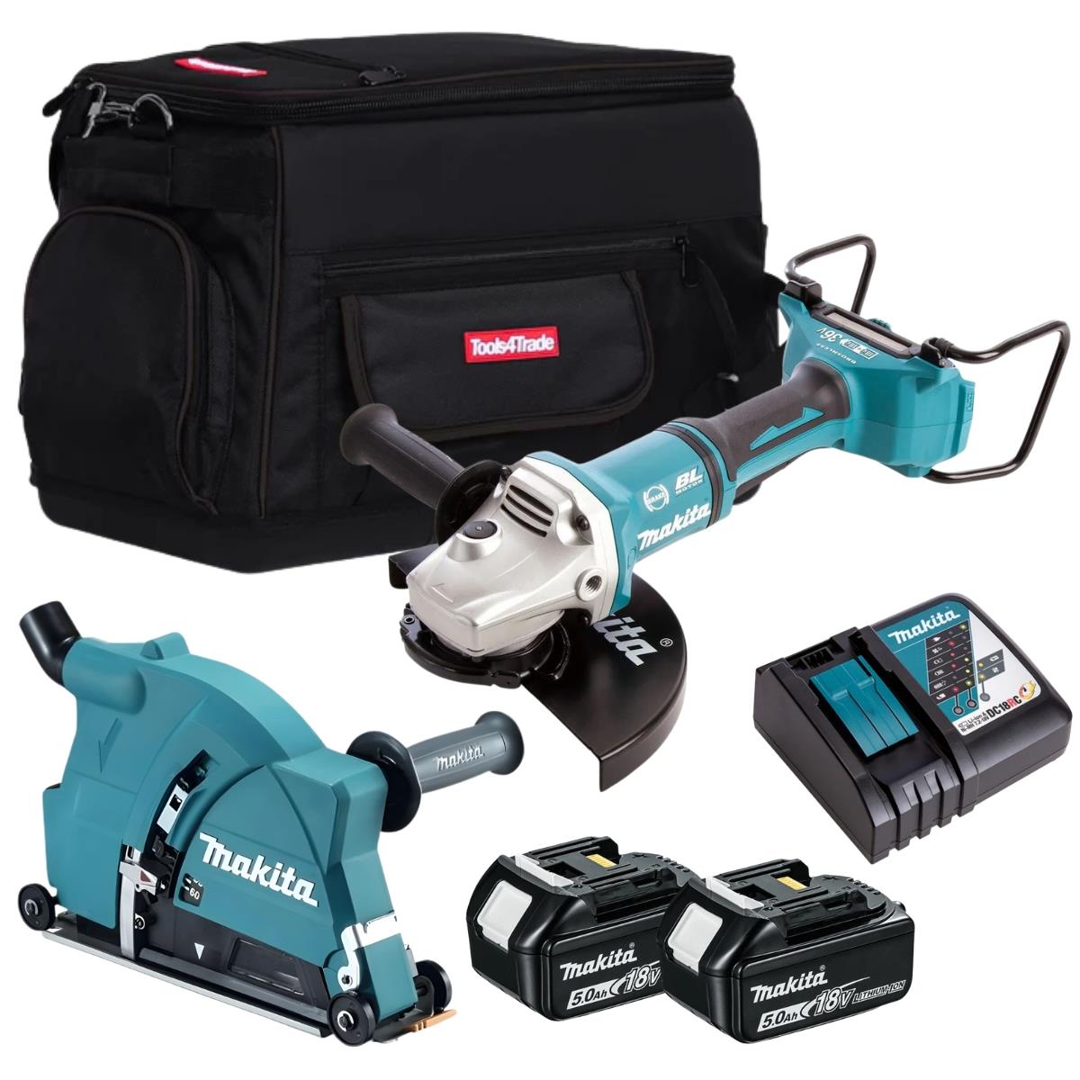 Makita DGA900Z 36V Brushless Angle Grinder With 2 x 5.0Ah Battery Charger, Bag & Dust Collecting Wheel Guard