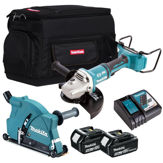 Makita DGA900Z 36V Brushless Angle Grinder With 2 x 5.0Ah Battery Charger, Bag & Dust Collecting Wheel Guard