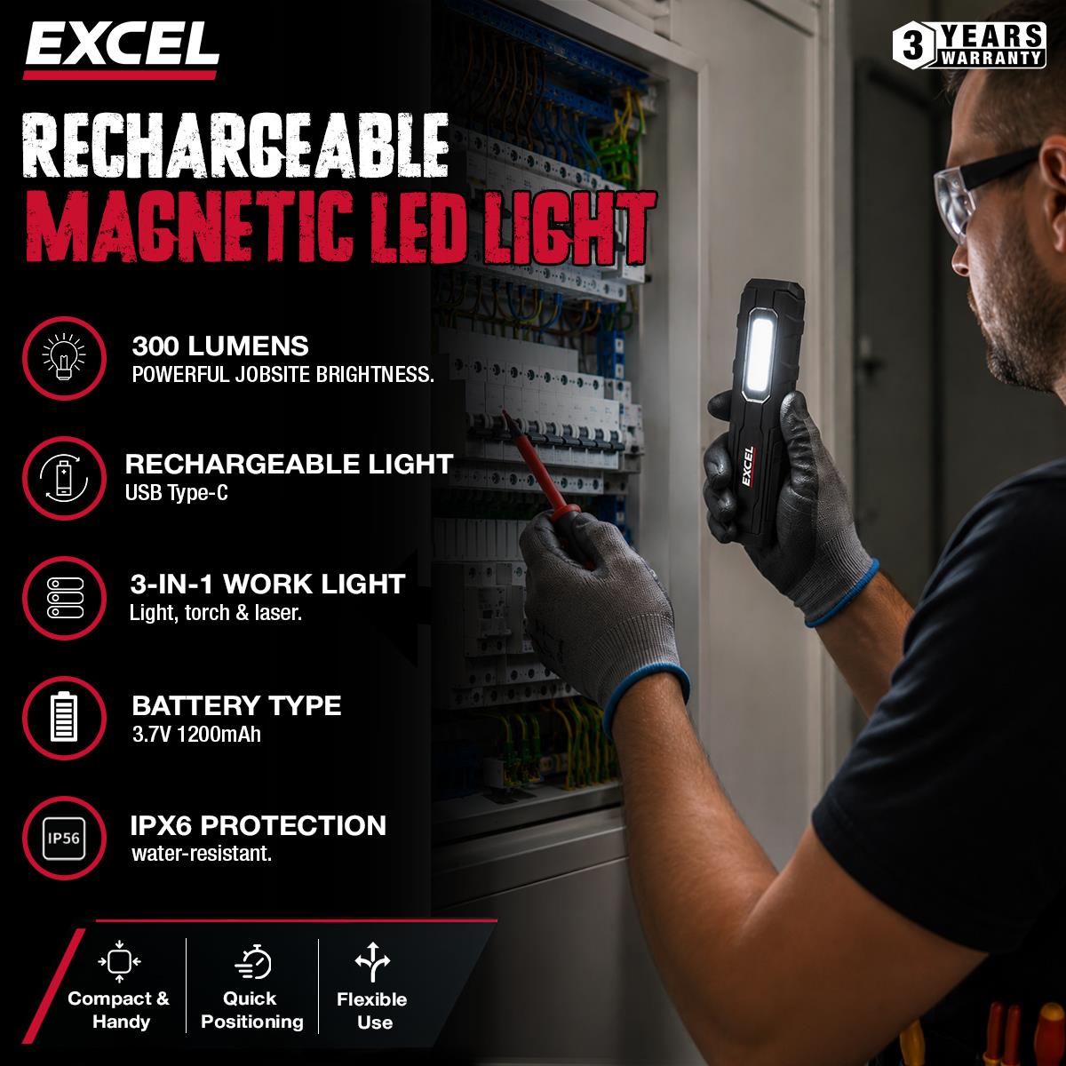 Excel 600 Lumens LED Rechargeable Magnetic Handheld Work Light with Red Laser