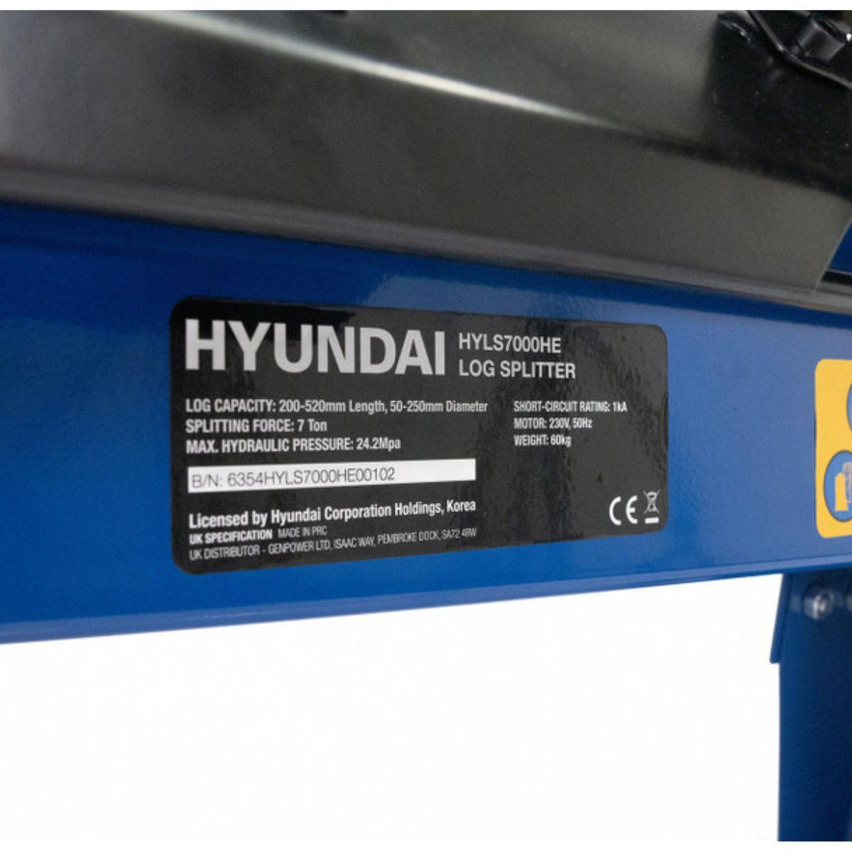 Hyundai HYLS7000HE 7 Tonne Horizontal Electric Log Splitter with Hydraulic Ram Steel Protection Cage 520mm Length
