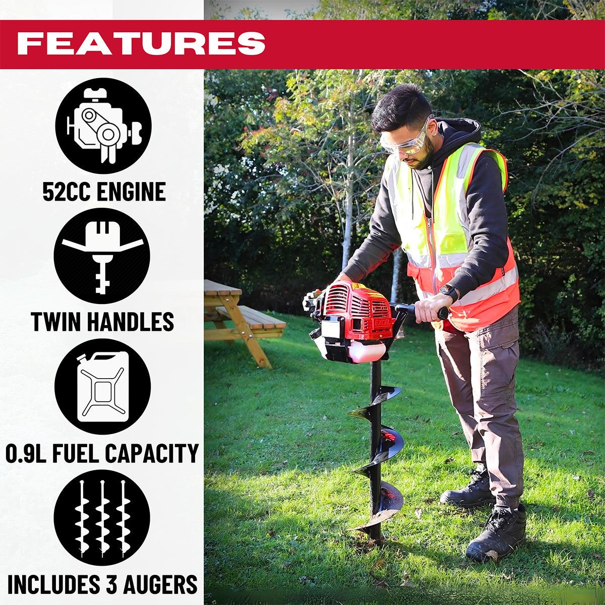 Excel 52cc Petrol Earth Auger with 3 Augers & Engine Oil