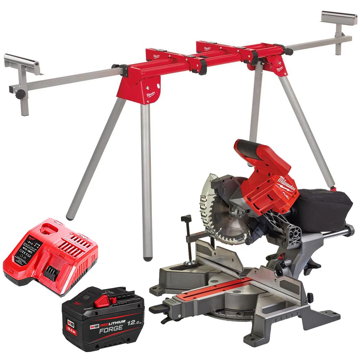 Milwaukee M18FMS190-0 18V Fuel Brushless 190mm Mitre Saw with 1 x 12.0Ah Battery Charger & Extendable Saw Stand