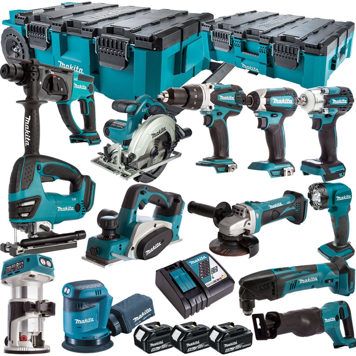 Makita 18V 13 Piece Combo Kit with 3 x 5.0Ah Batteries & MAKTRAK Trolley Toolbox
