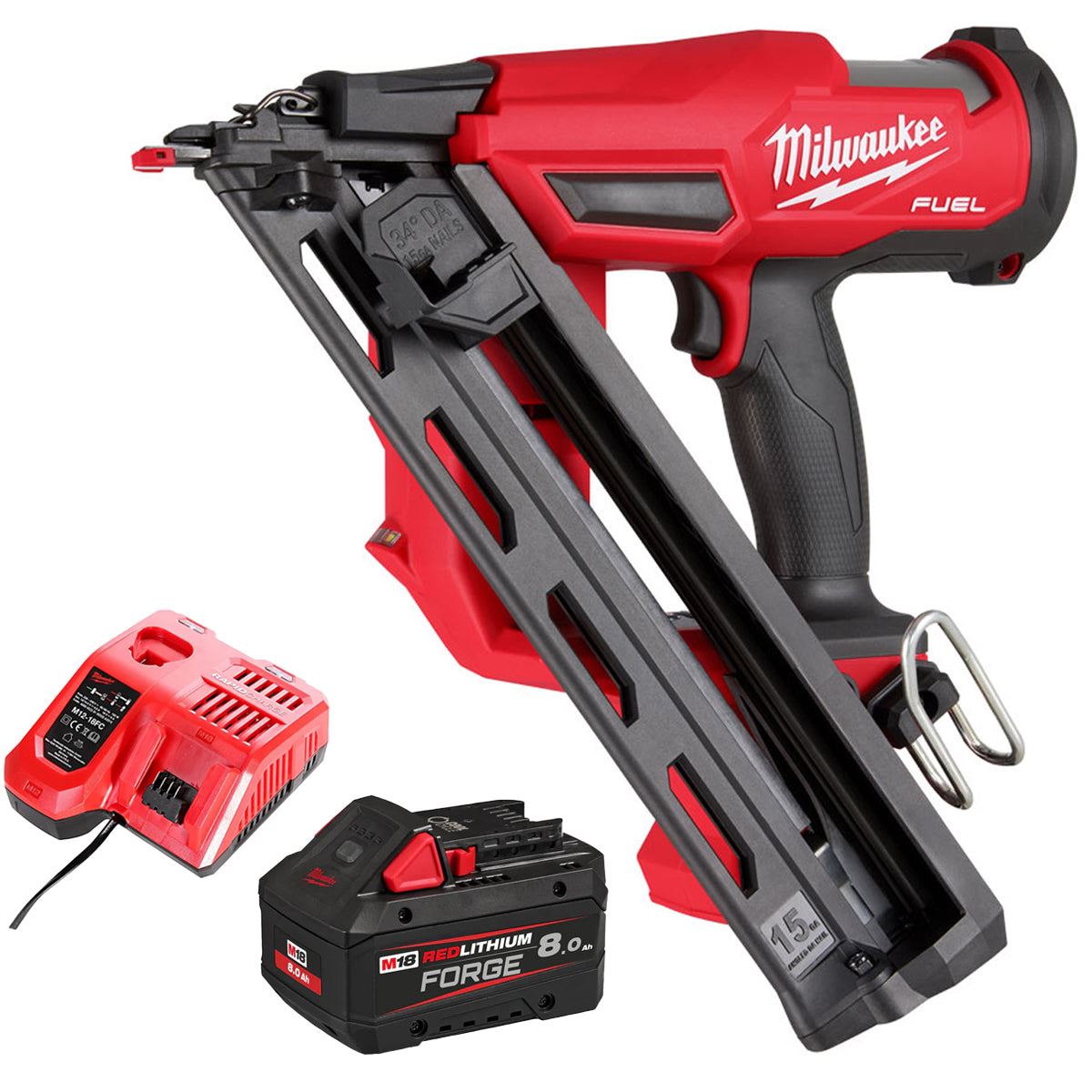 Milwaukee M18FN15GA-0 18V Brushless Angled Finish Nailer with 1 x 8.0Ah Battery & Charger
