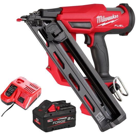 Milwaukee M18FN15GA-0 18V Brushless Angled Finish Nailer with 1 x 8.0Ah Battery & Charger