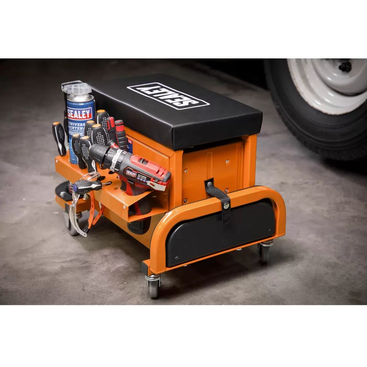 Sealey SCR18O Mechanic's Utility Seat & Toolbox-Orange
