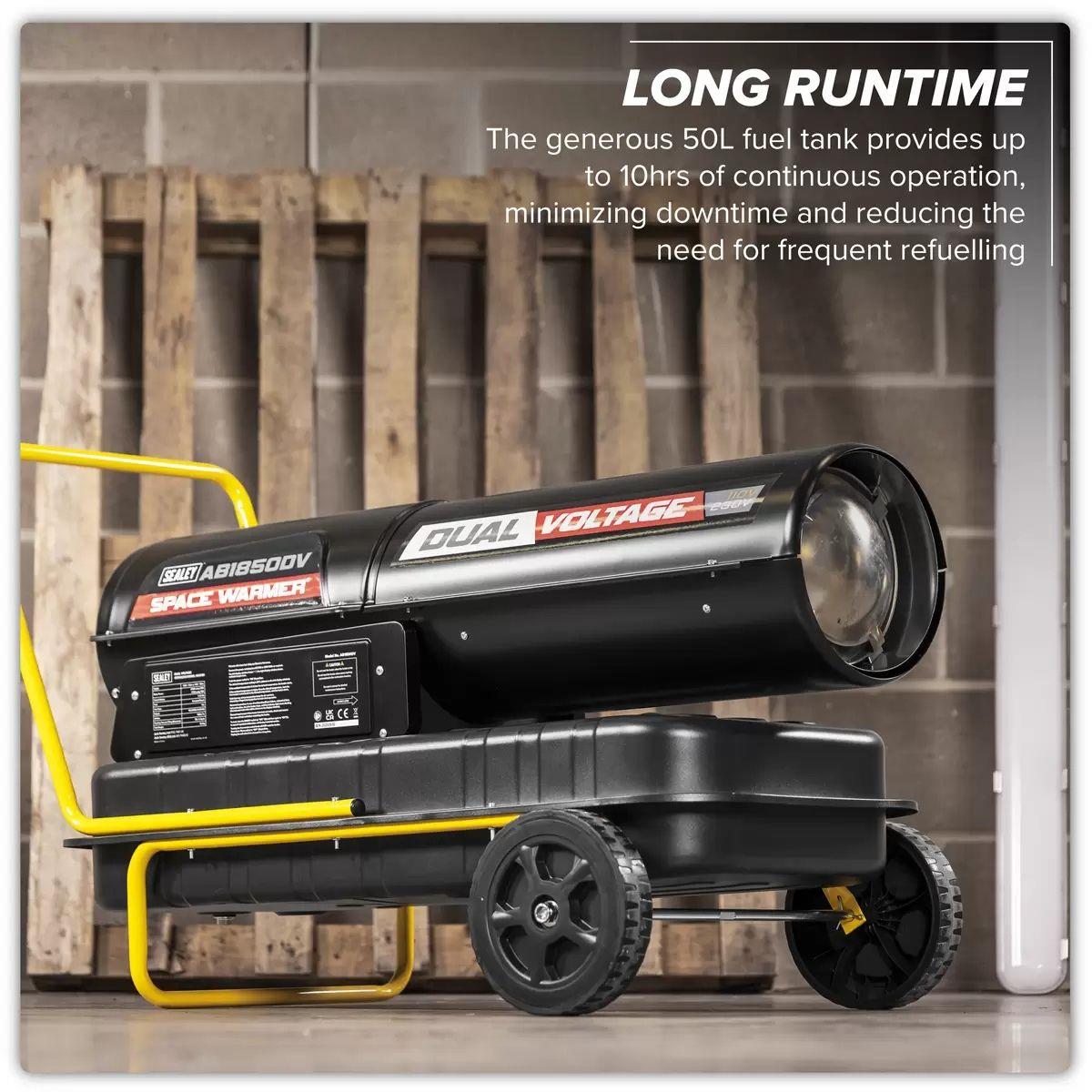 Sealey AB1850DV Dual Voltage Space Warmer® Kerosene/Diesel Heater with Wheels 230V/55kW