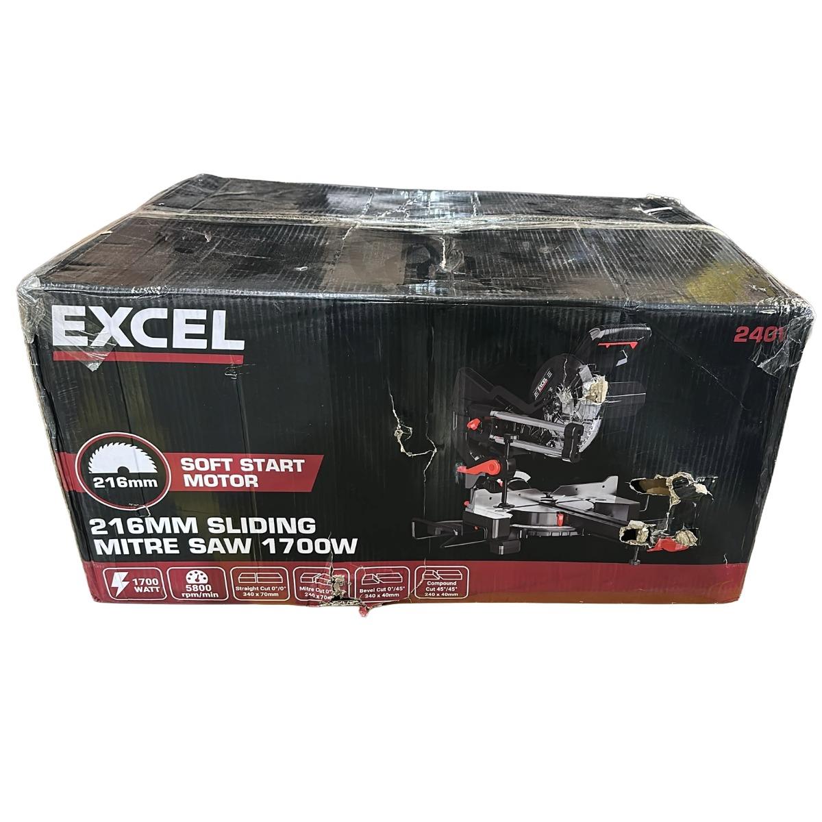 Excel 216mm Sliding Mitre Saw with LED Light & 48T Blade 240V/1700W Item Condition Used