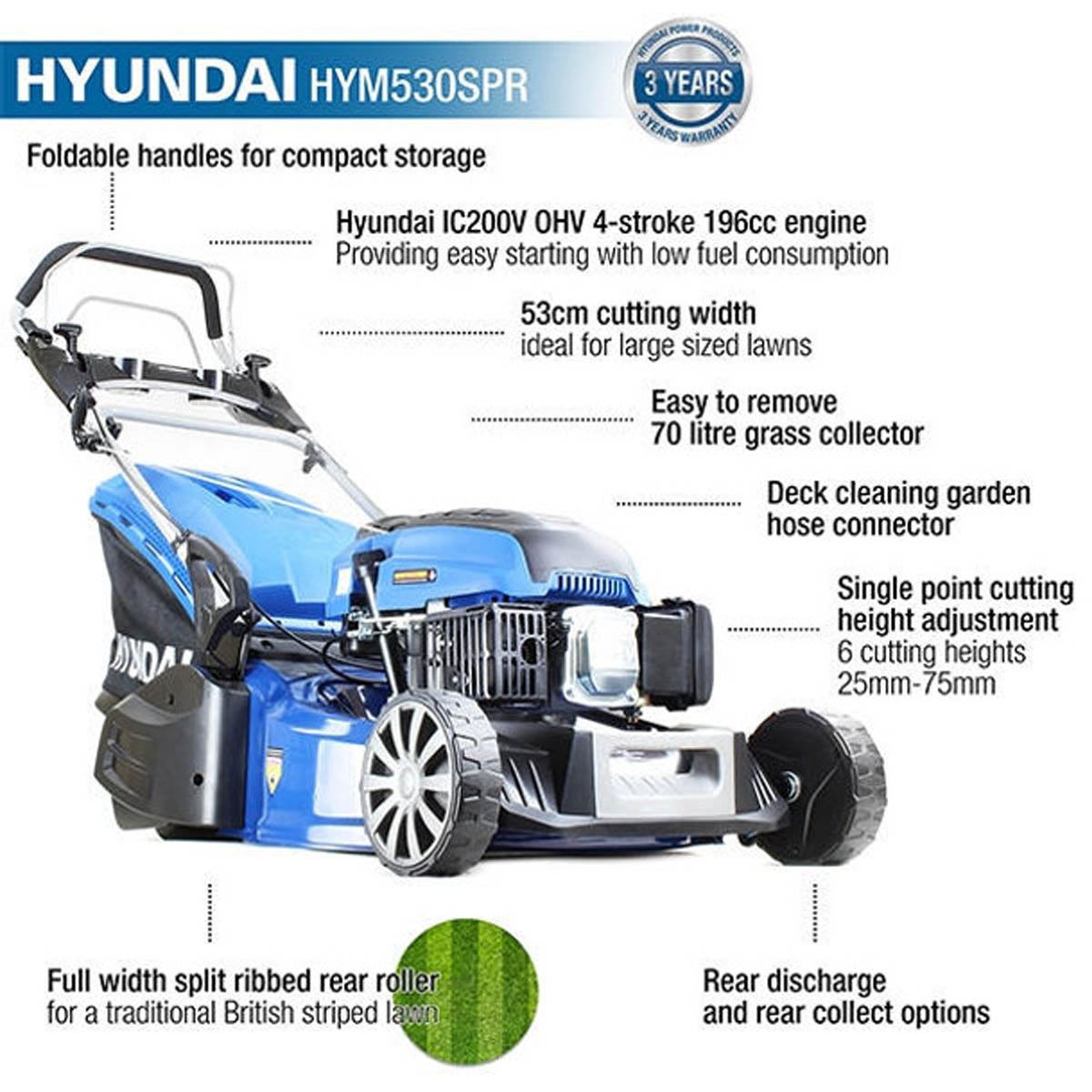 Hyundai HYM530SPR 53cm Self-Propelled Petrol Roller Lawnmower 196cc Engine & 70L Grass Catcher