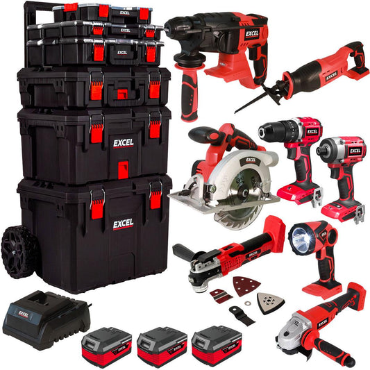 Excel 18V 8 Piece Power Tool Kit with 3 x 4.0Ah Battery & Charger & Trolley Toolbox