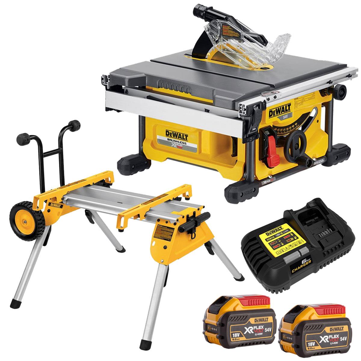 Dewalt DCS7485N 54V XR Flexvolt Brushless 210mm Table Saw with 2 x 9.0 Battery Charger & Rolling Stand