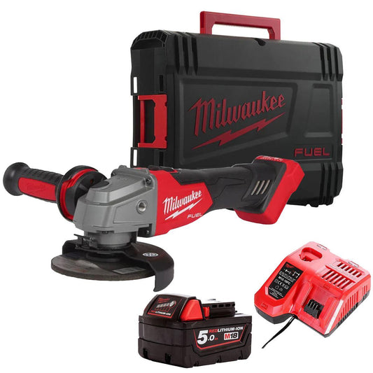 Milwaukee M18FSAG115X-0 18V Fuel Brushless Angle Grinder with 1 x 5.0Ah Battery Charger & Empty Tool Box (Without Inlay)