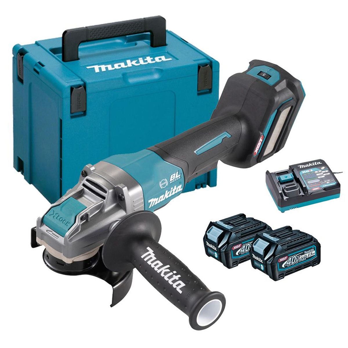 Makita GA043GD201 40V XGT X-Lock 115mm Paddle Switch Angle Grinder With 2 x 2.5Ah Batteries & Charger
