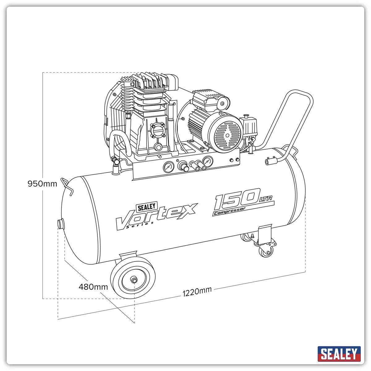 Sealey SAC1153B 150L Belt Drive Compressor with Motor & Cast Cylinders 230V