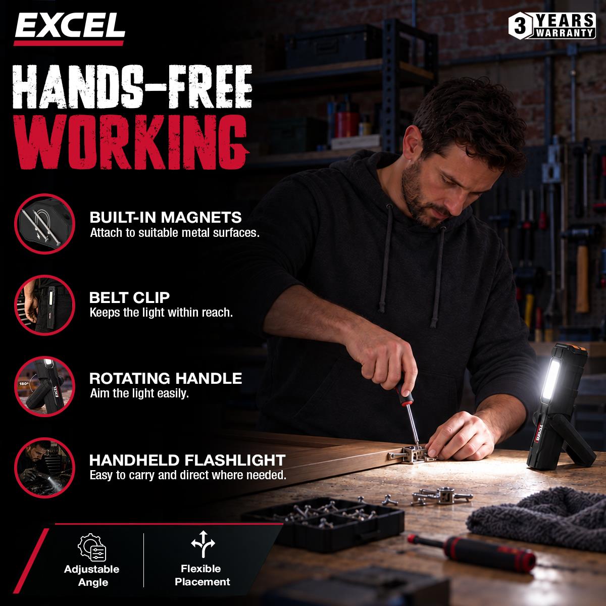 Excel 200 Lumens LED Rechargeable Magnetic Handheld Work Light with Flashlight