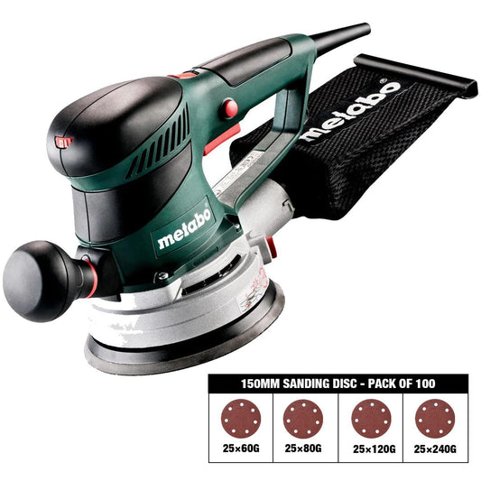 Metabo SXE 450 TurboTec 150mm Random Orbital Sander 110V 600129390 with Sanding Disc 60G, 80G, 120G, 240G Pack of 100