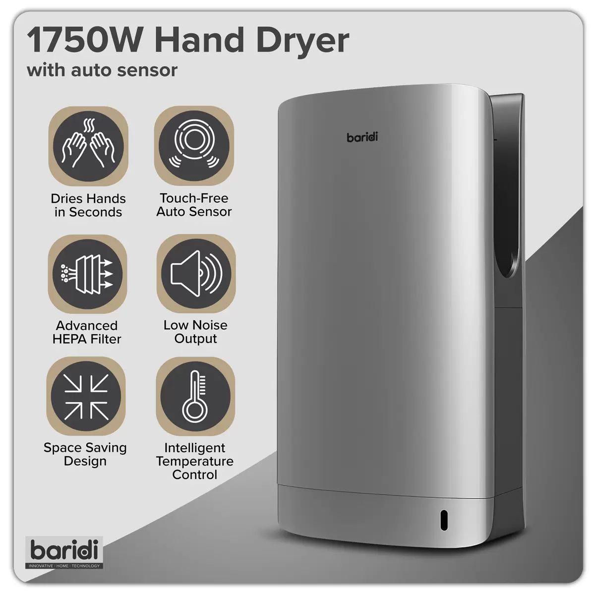 Sealey DH150 Baridi Hand Dryer with HEPA Filter & Auto-Sensor 1750W/230V Silver