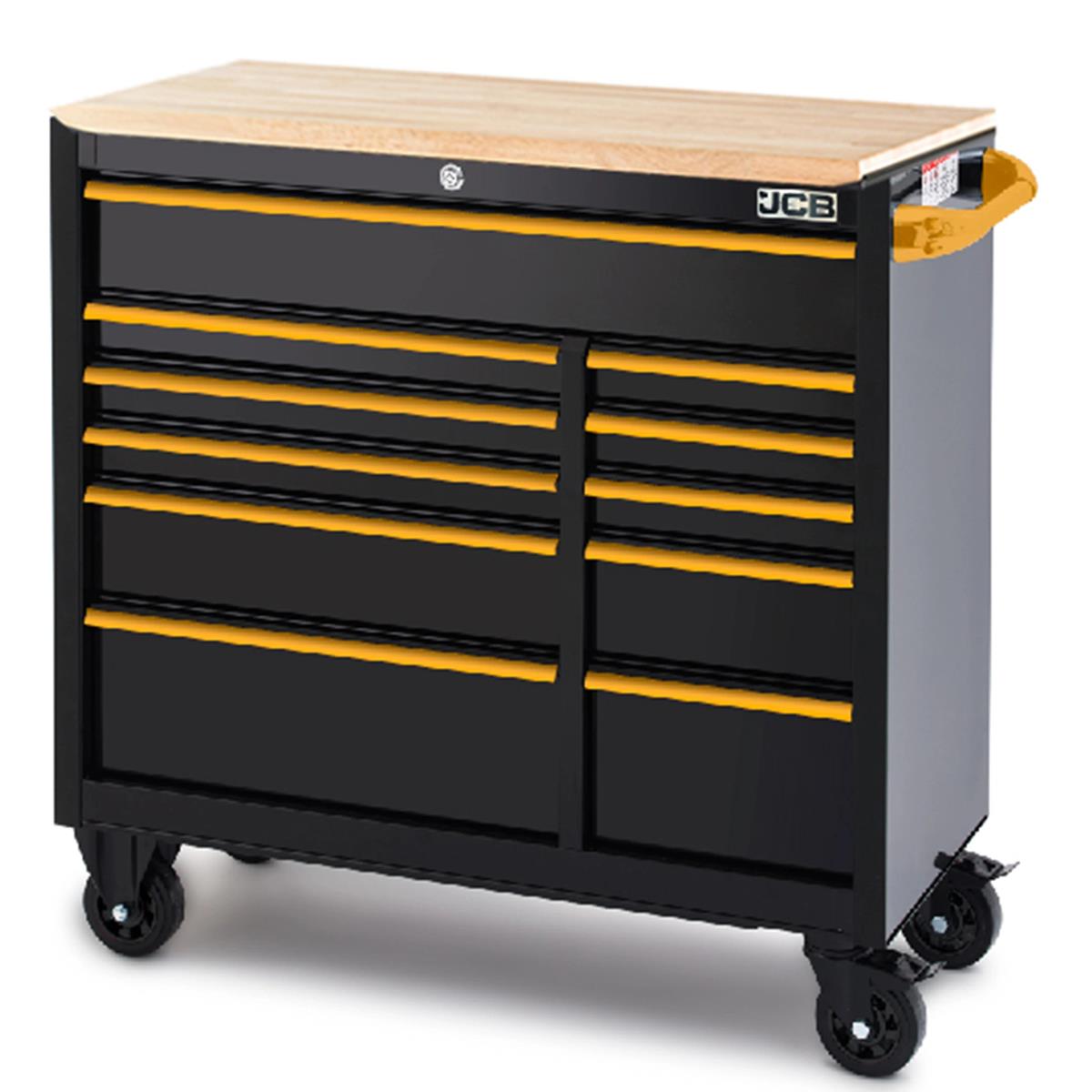 JCB Classic Design 42 inch Roller Tool Cabinet, 11 Drawers, Steel with Hardwood Worktop JCBRCBB