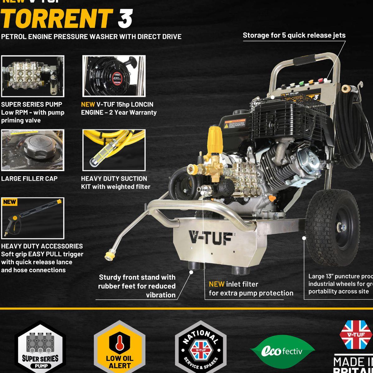 V-TUF TORRENT3 Petrol Pressure Washer High Flow 15L/min for Powerful Cleaning Performance
