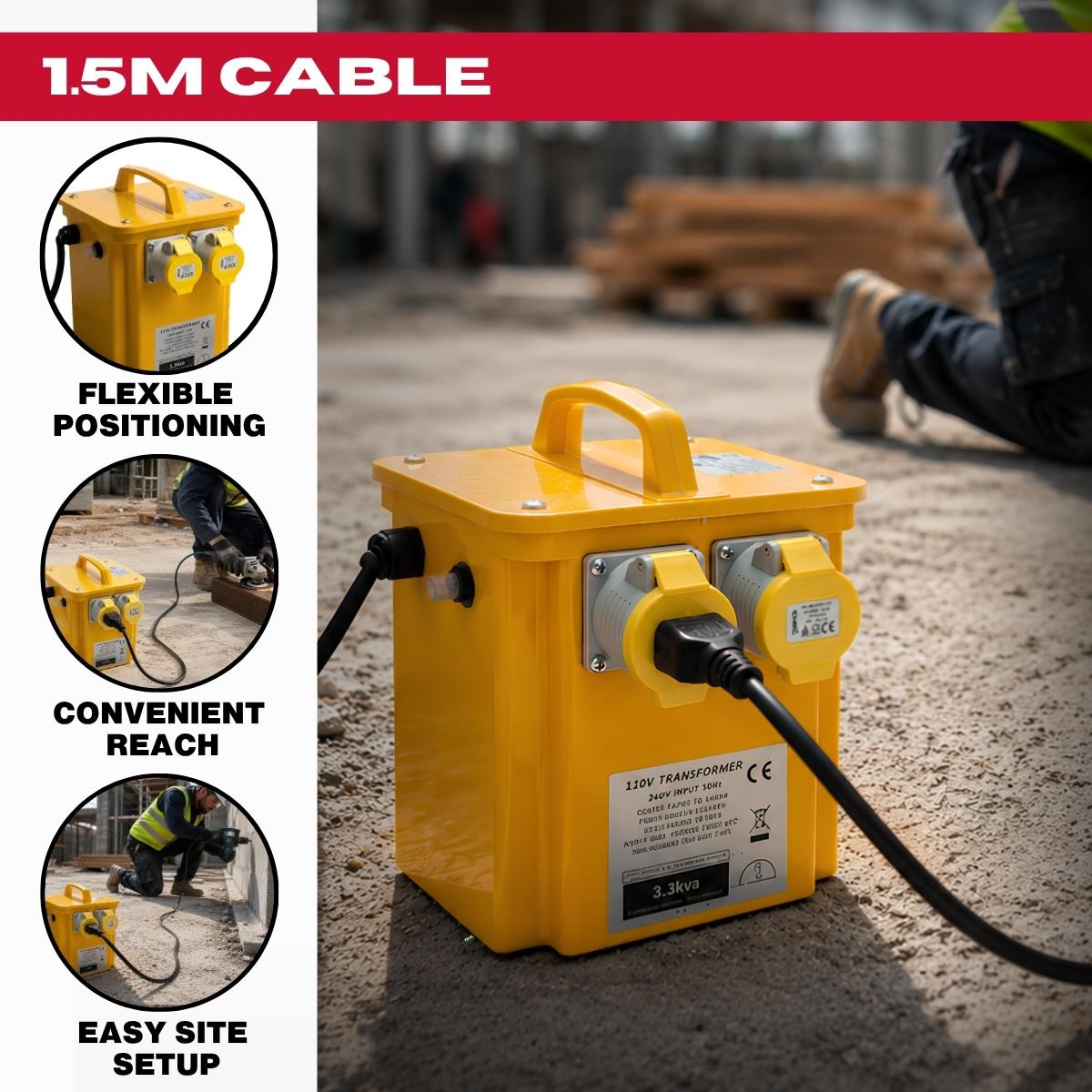 Connexion 3.3kVA 110V Site Transformer with Dual 16A Sockets, 13A Plug & 1.5m Cable - 10961