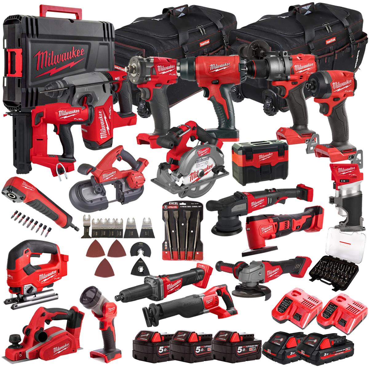 Milwaukee 18V 18 Piece Combo Kit with 5 x Batteries & Charger & Accessory Set M18T4TKIT-4605