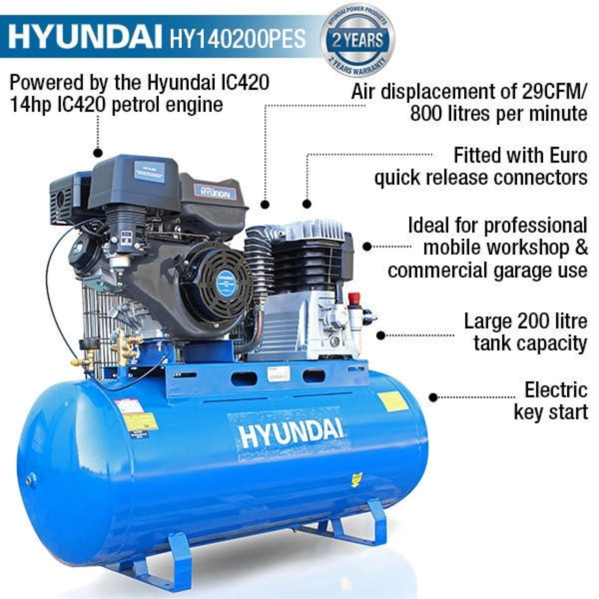 Hyundai HY140200PES 14hp 200L Petrol Belt Driven Air Compressor 29CFM/145psi