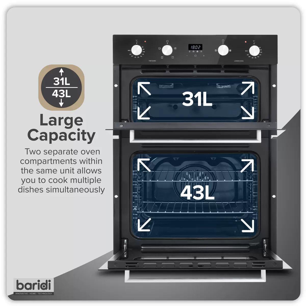 Sealey DH278 Baridi 72cm Built-Under Double Oven, 74L Capacity, Energy Rating A Black 240V