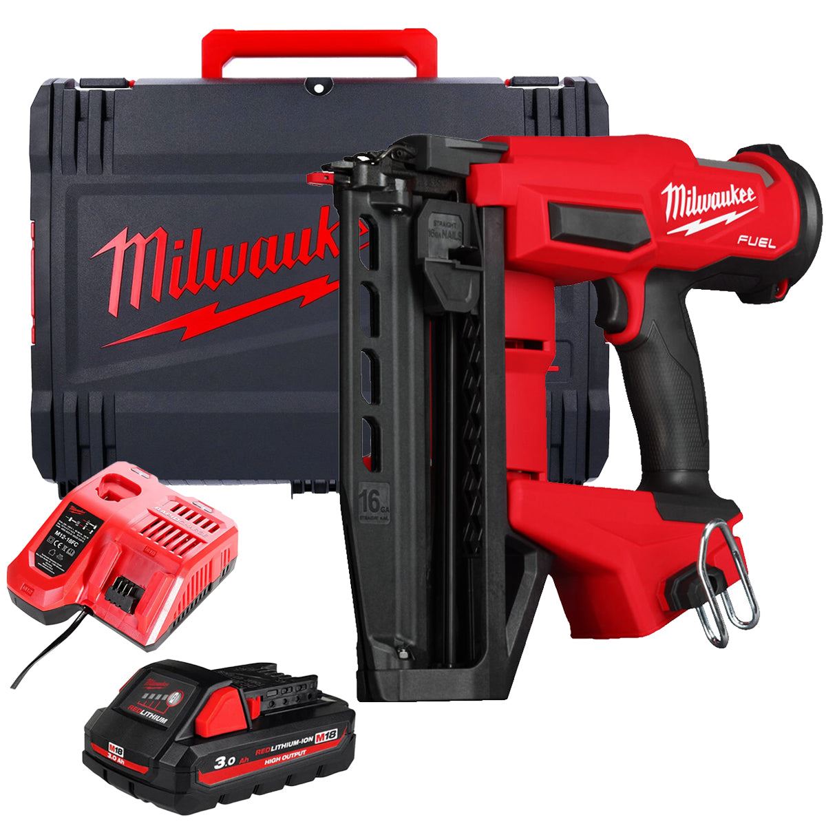Milwaukee M18FN16GS-0X 18V Brushless 16G Straight Finish Nailer with 1 x 3.0Ah Battery Charger & Case