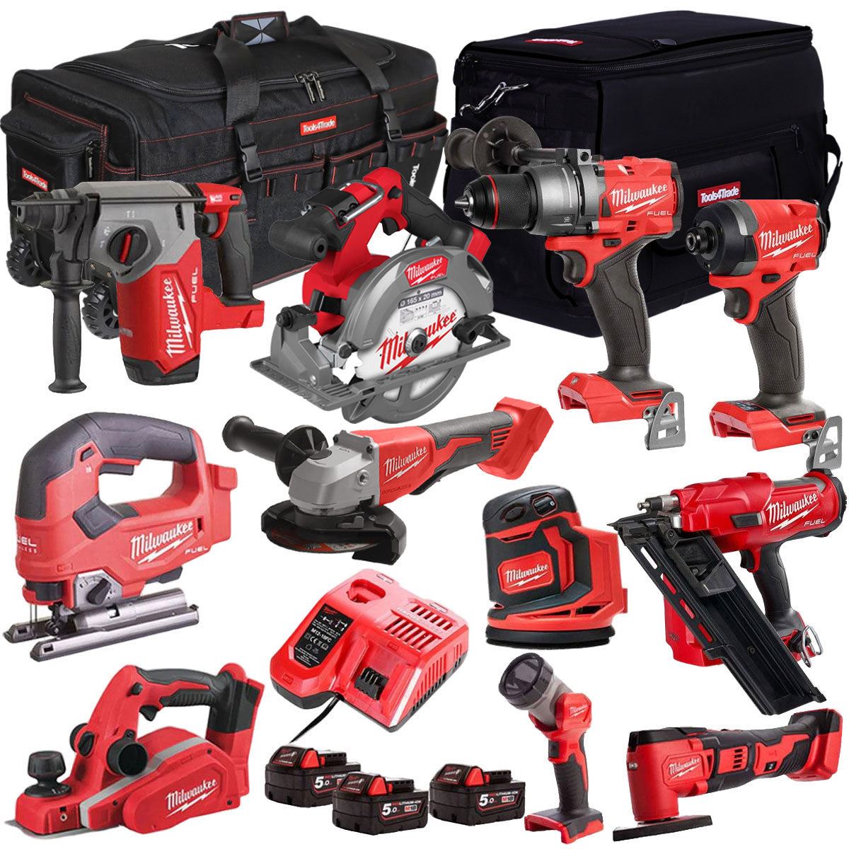 Milwaukee 18V Cordless 11 Piece Tool Kit with 3 x 5.0Ah Batteries & Charger in Bag T4TKIT-511