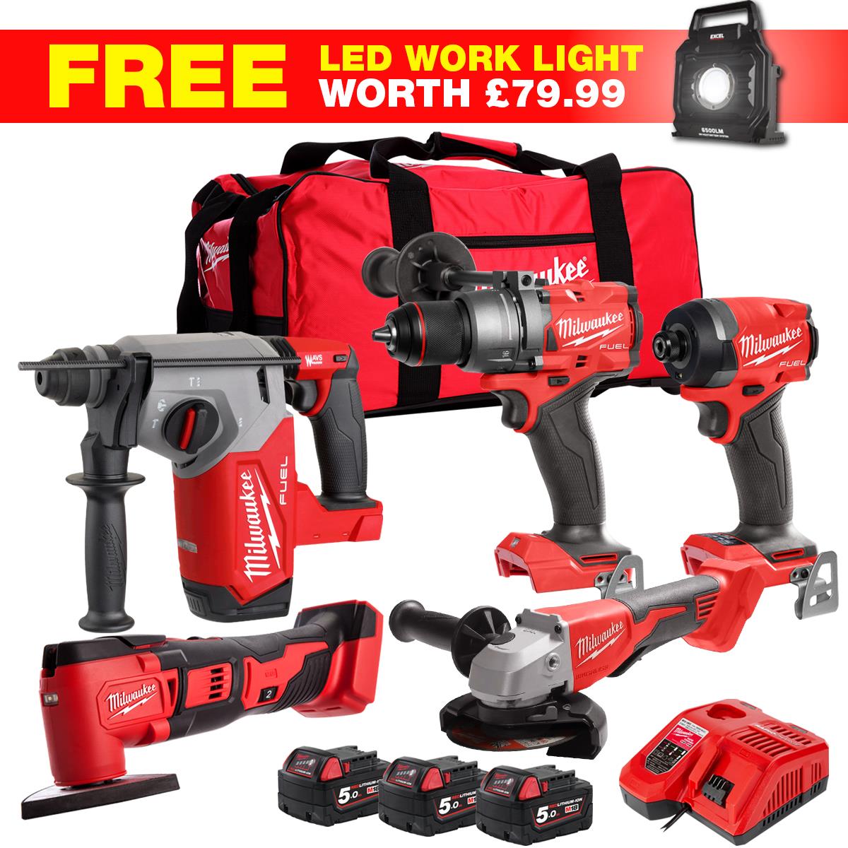 Milwaukee M18FPP6T2-502BWLF6 18V 6 Piece Power Tool Kit with 3 x 5.0Ah Batteries Charger & Wheeled Bag