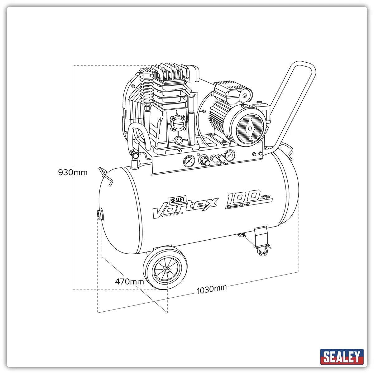 Sealey SAC1103B 100L Belt Drive Compressor with Motor & Cast Cylinders 230V