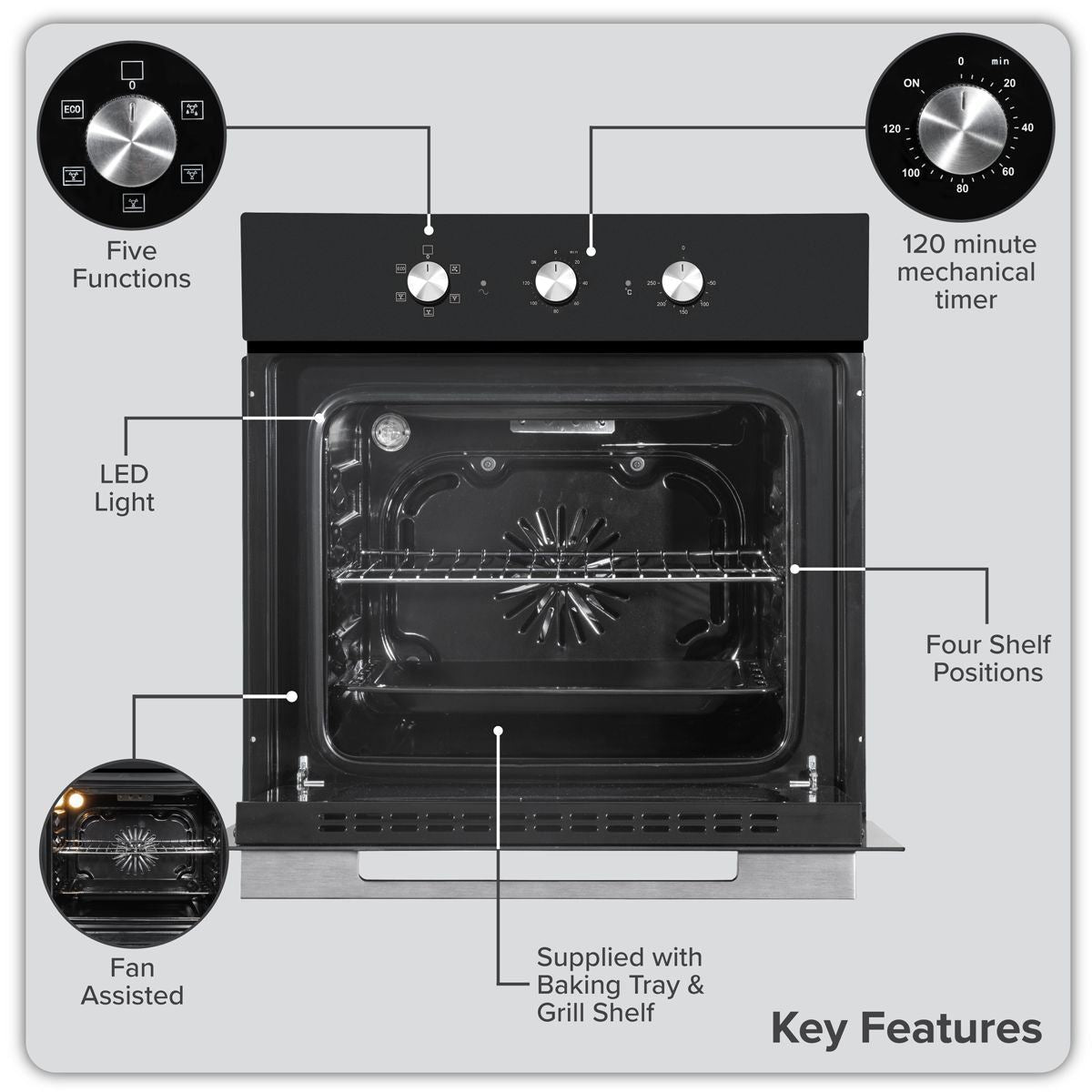Sealey DH110 Baridi Built-In 5-Function Fan Assisted Oven with Timer 60cm, 55L Capacity