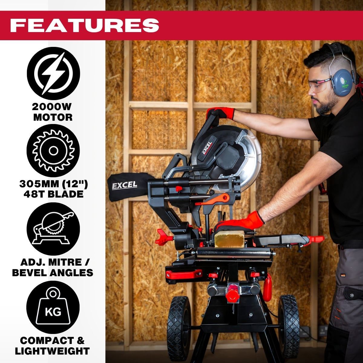 Excel 305mm Sliding Mitre Saw with LED Light & 48T Blade 240V/2000W Item Condition Used