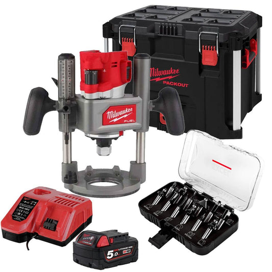 Milwaukee M18FR12KIT 18V Fuel Brushless 1/2" Router Cutter with 1 x 5.0Ah Battery Charger Case & 12 Piece Cutter Set