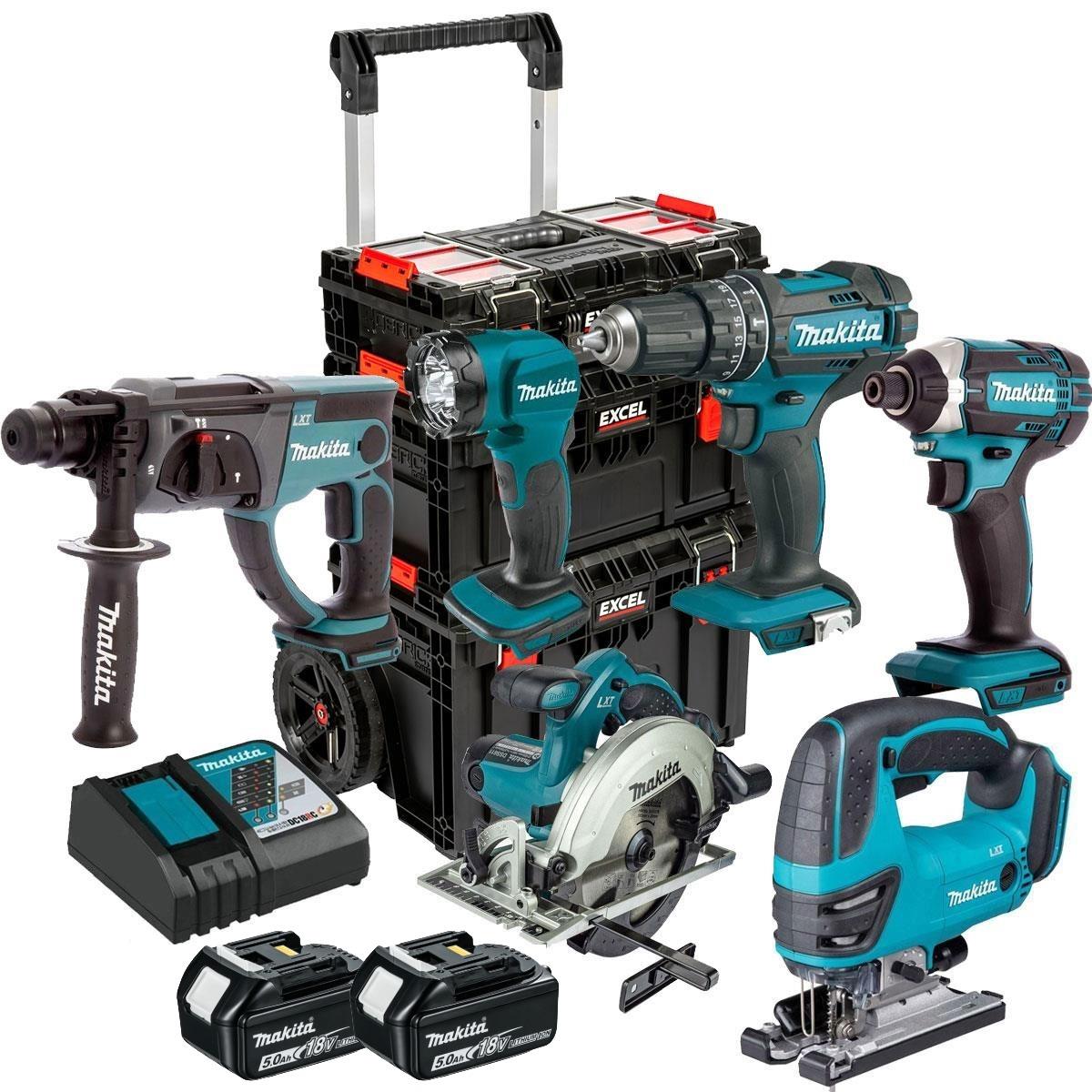 Makita 18V 6 Piece Combo Kit with 2 x 5.0Ah Battery, Charger & Modular Tool Box 3 Piece Set T4TKIT-24413