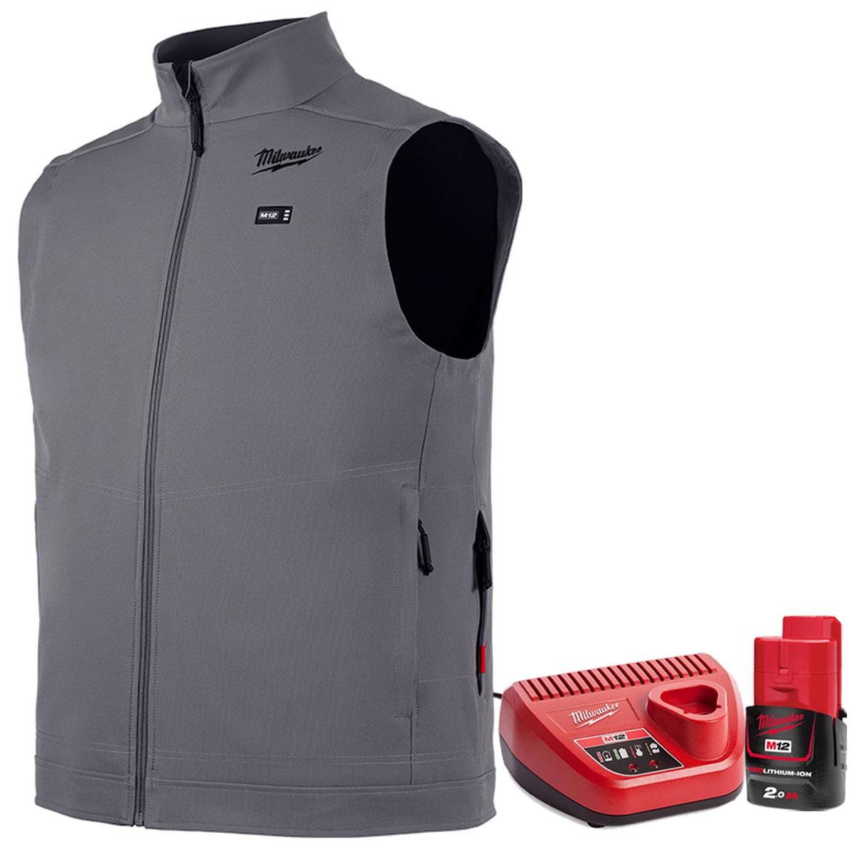 Milwaukee M12 12V Heated TOUGHSHELL Vest Grey M with 1 x 2.0Ah Battery & Charger