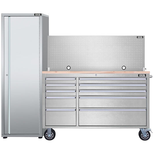 Excel 55inch 10 Drawer Stainless Steel Workbench Roller Tool Chest Cabinet with Pegboard & Tall Cabinet