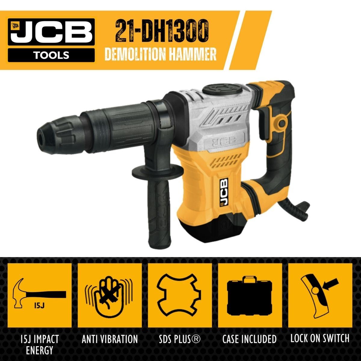 JCB 21-DH1300 15J SDS MAX Demolition Hammer and Chisel, Anti-Vibration Handle & 3m Power Cable 230V/1300W