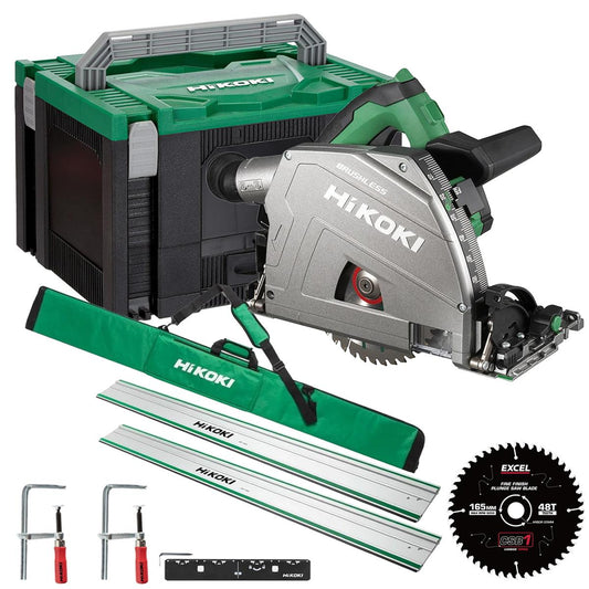 HiKOKI C3606DPAW2Z 36V MultiVolt Brushless 165mm Plunge Saw Body Only with 2 x 1600mm Guide Rail Kit & Blade