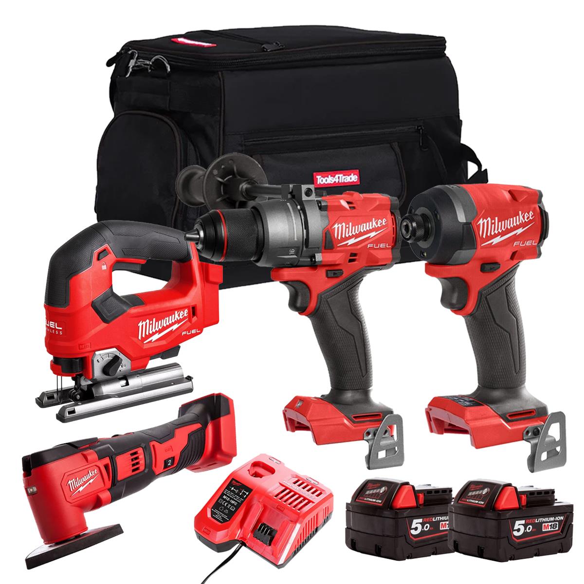 Milwaukee M18FPP15Z-502B 18V 4 Piece Power Tool Kit With 2 x 5.0Ah Batteries Charger & Bag