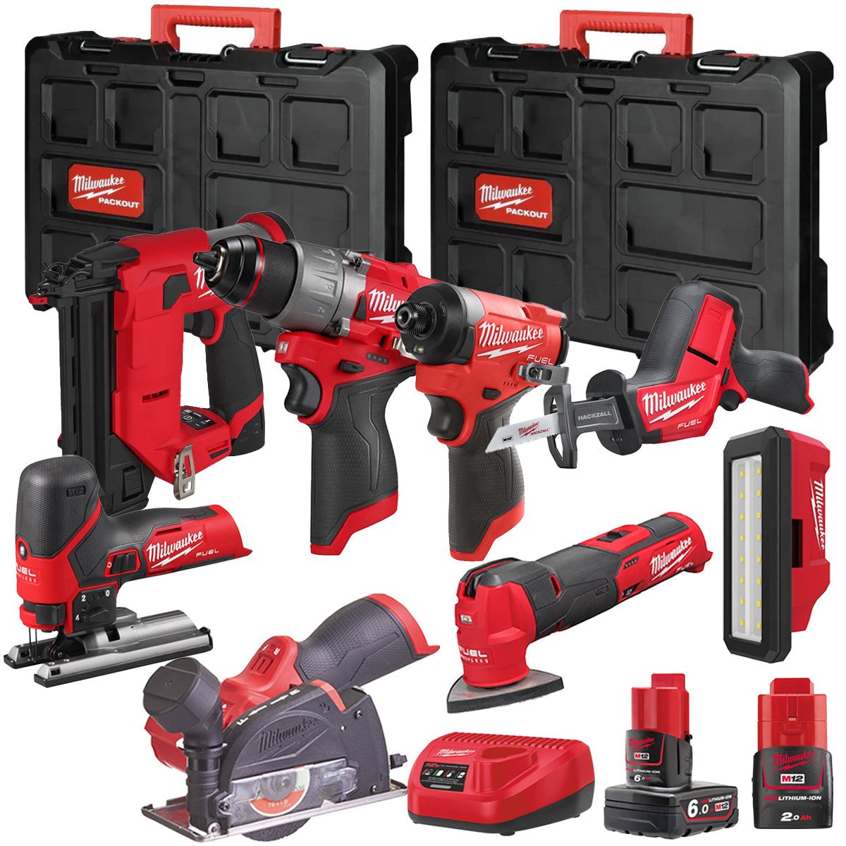 Milwaukee M12FPP7B2-629P 12V Fuel 8 Piece Powerpack Tool Kit with 1 x 6.0Ah & 2.0Ah Batteries, Charger & Case