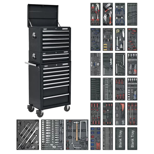 Sealey SPTCOMBO2 Tool Chest Combination 14 Drawer with Ball Bearing Slides Black & 1179pc Tool Kit